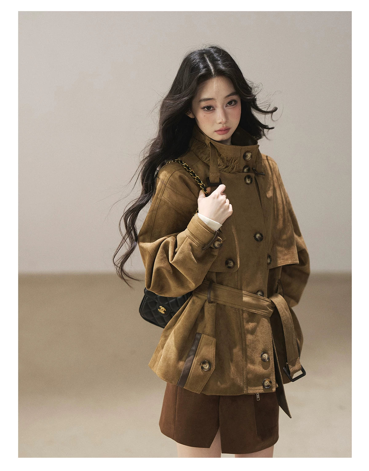 AOMALM - Chestnut Brown Faux-Suede Cropped Utility Coat with Belt