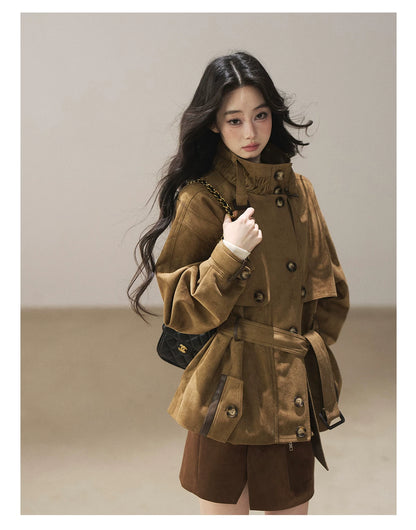 AOMALM - Chestnut Brown Faux-Suede Cropped Utility Coat with Belt