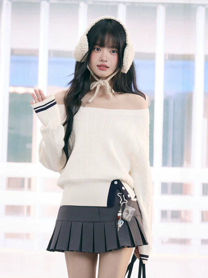"Soft Muse" White Off-Shoulder Cable Knit Top