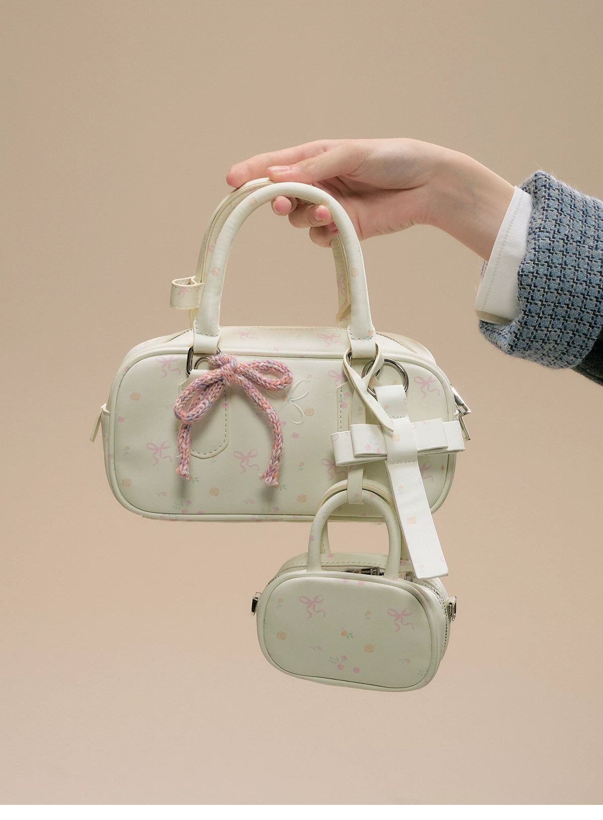 SunsetPark - Suede Bow Boston Handbag (Red / Brown / Floral / Blue / Pink)