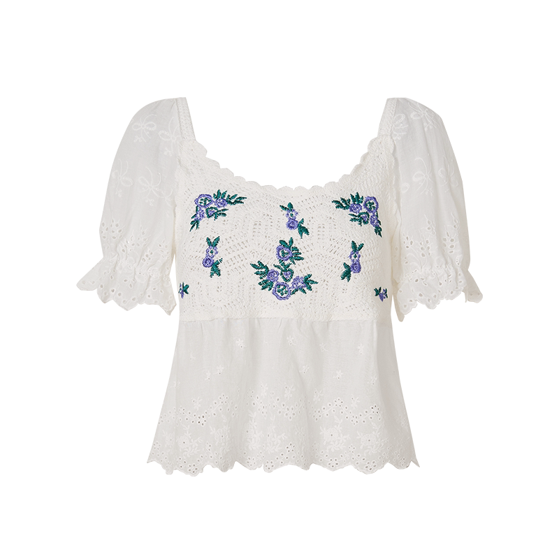 White Floral Embroidery Crochet-Detail Blouse