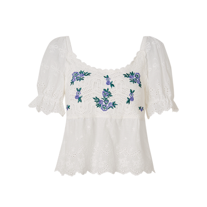 White Floral Embroidery Crochet-Detail Blouse