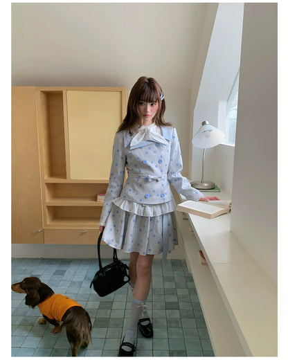 “Bluebell Letter” Light Blue Plaid Blazer Top & Ribbon Skirt