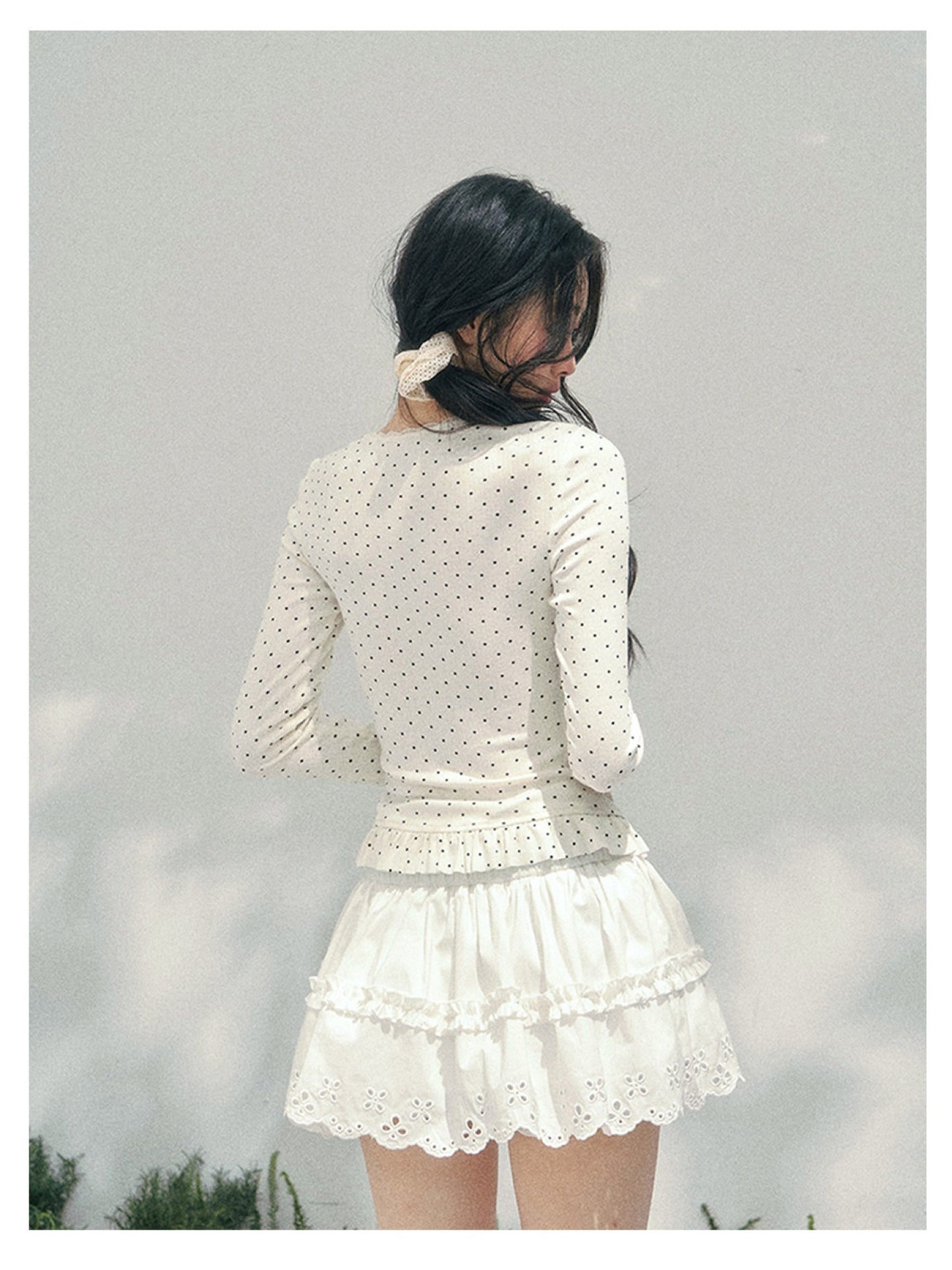 少也眼 “Soft Muse Student” Lace Polka Dot Faux-Layer Shoulder Tee 6747668