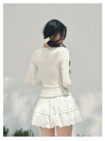 少也眼 “Soft Muse Student” Lace Polka Dot Faux-Layer Shoulder Tee 6747668