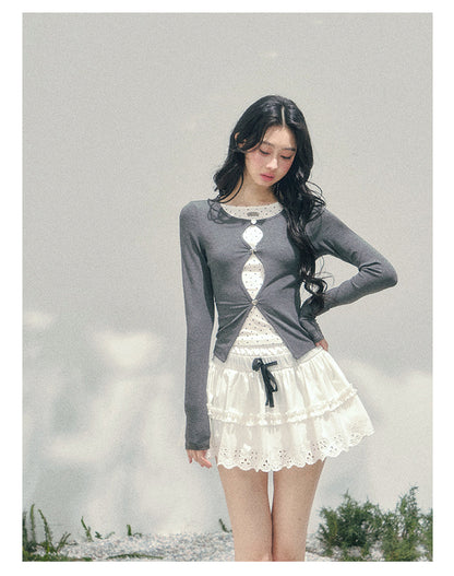 少也眼 "Twilight Pause" Faux Two-Piece Polka Dot T-Shirt in Soft Silver Gray 45234752