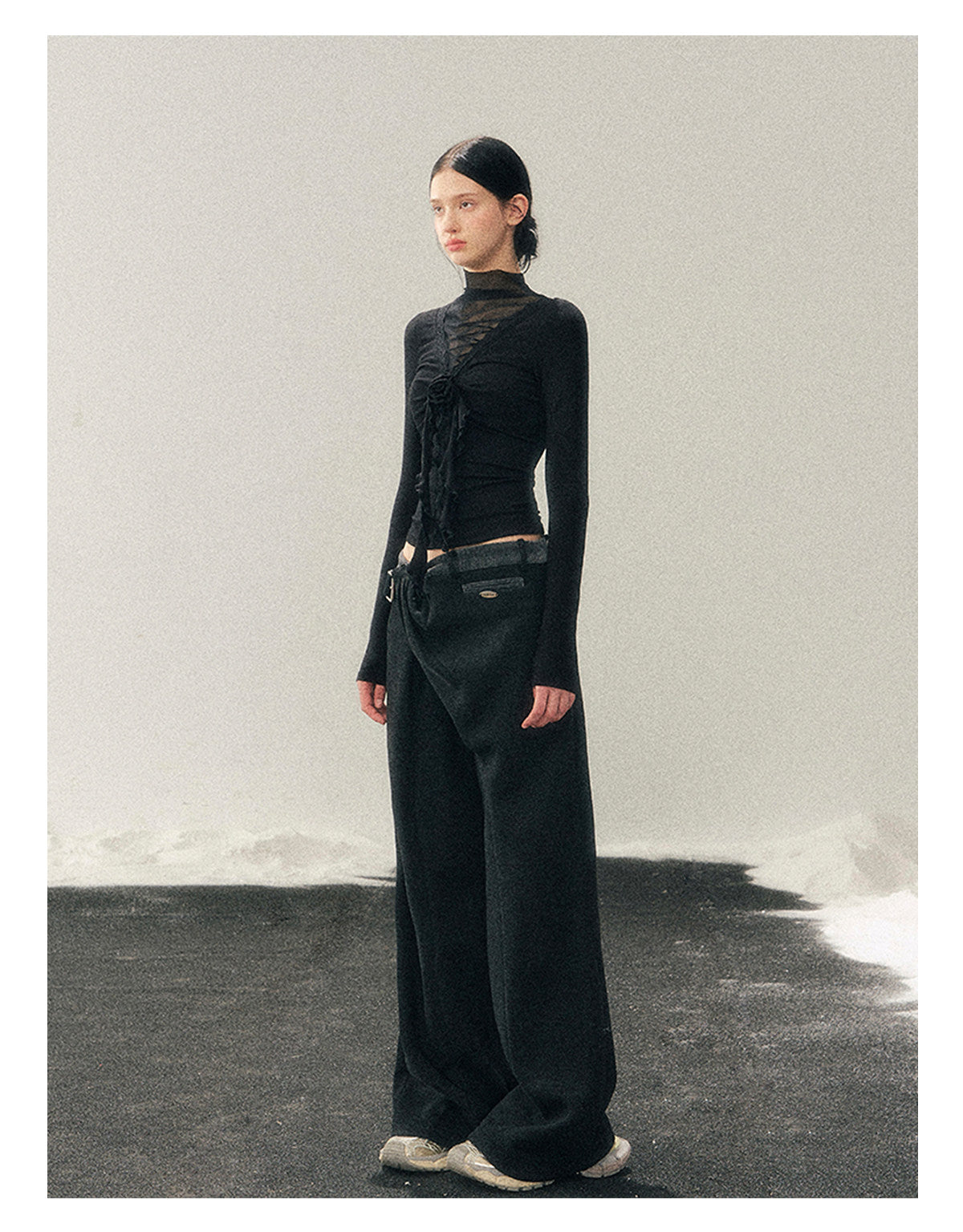 少也眼 “Vanishing Curve” Sheer Lace Turtleneck Base Top - Black