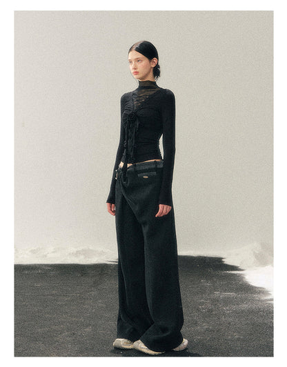 少也眼 “Vanishing Curve” Sheer Lace Turtleneck Base Top - Black