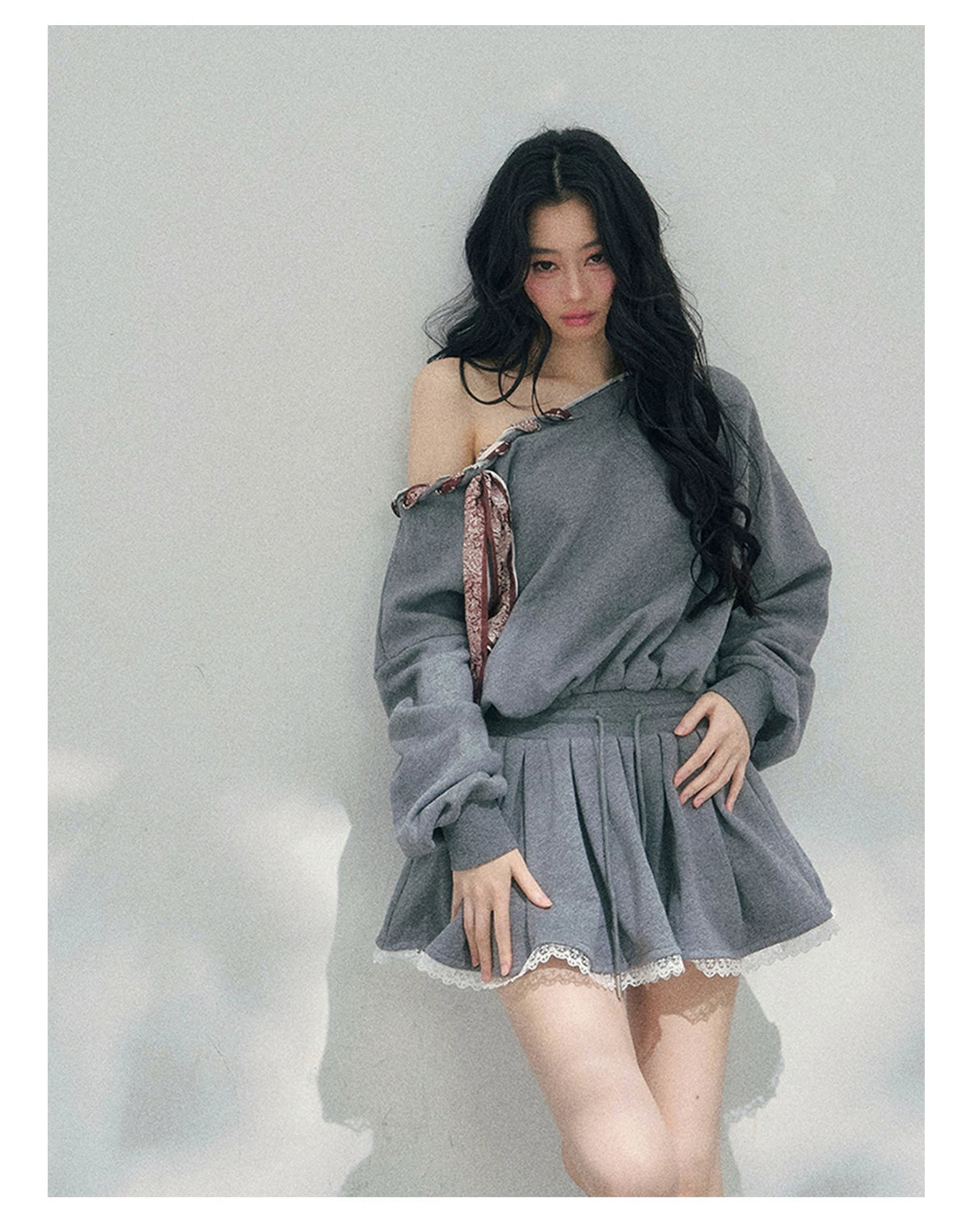 “The Wind Blushes” Lace Trim Off-Shoulder Sweatshirt Dress