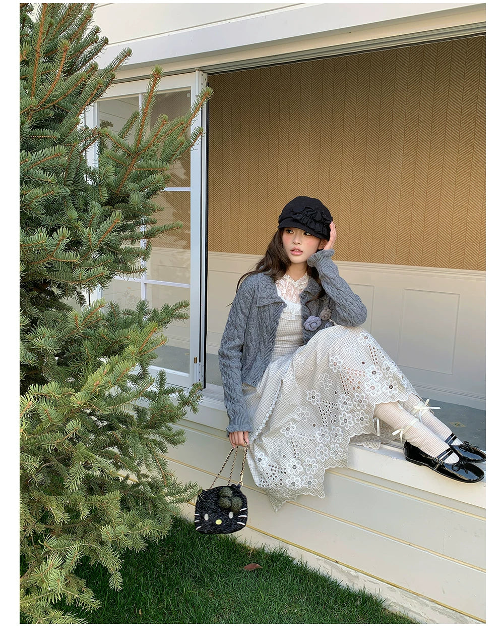 “Tea Garden Reverie” Light Apricot Plaid Embroidered Dress