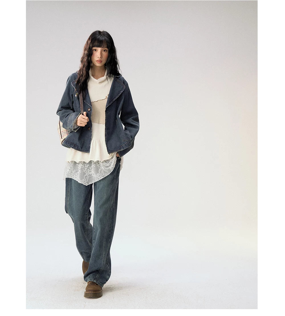 [CAN] "Wildflower Echoes" Vintage Indigo Denim Set (Jacket / Flared Pants / Midi Skirt)