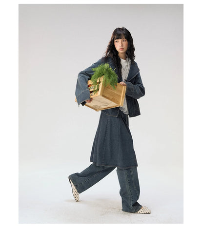 [CAN] "Wildflower Echoes" Vintage Indigo Denim Set (Jacket / Flared Pants / Midi Skirt)