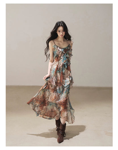 "She Never Looks Back" Peacock Blue Leopard Chiffon Maxi Dress