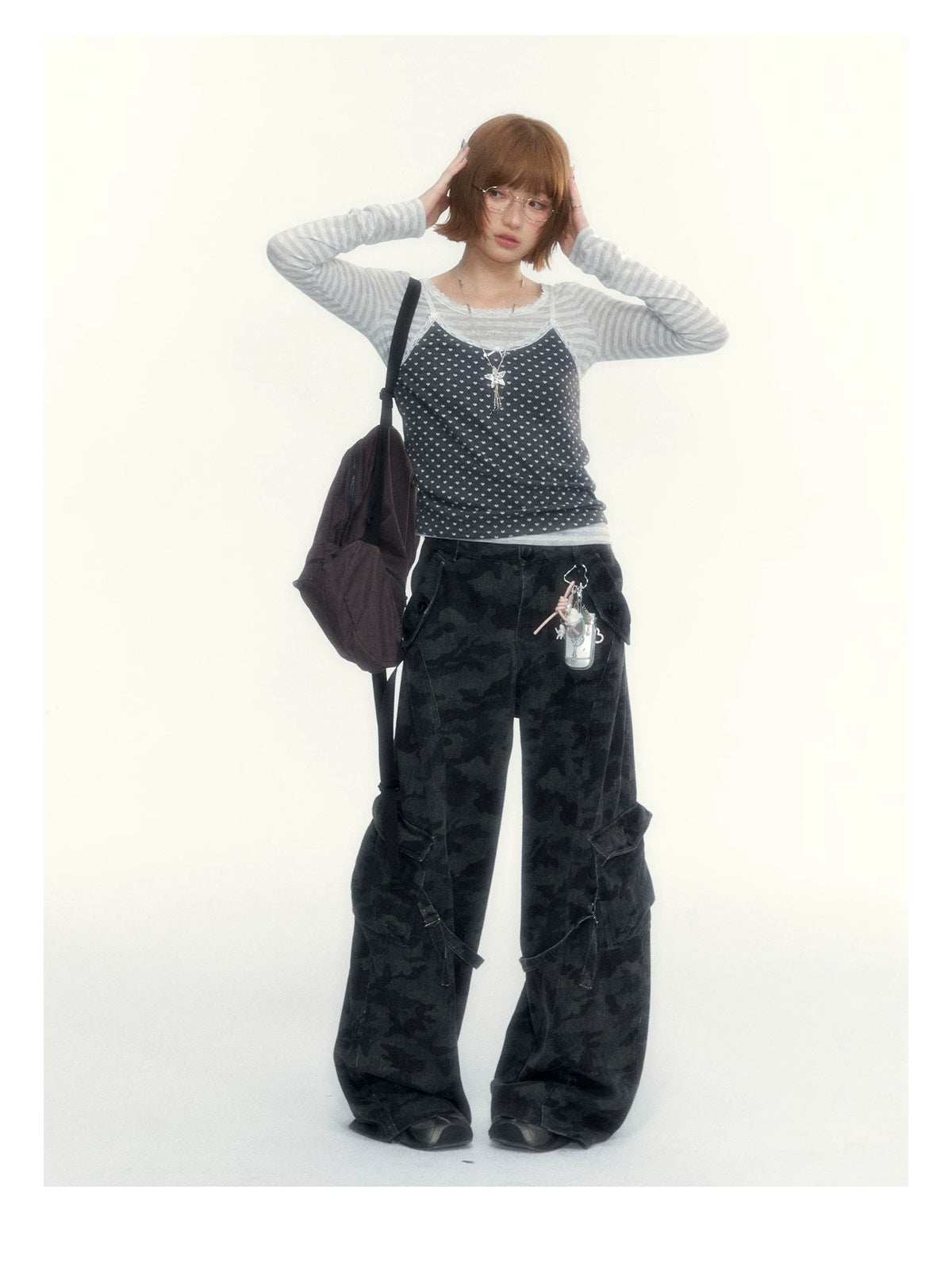 “Early Gray” Light Gray Striped Lace-Trimmed Fitted Long-Sleeve Top