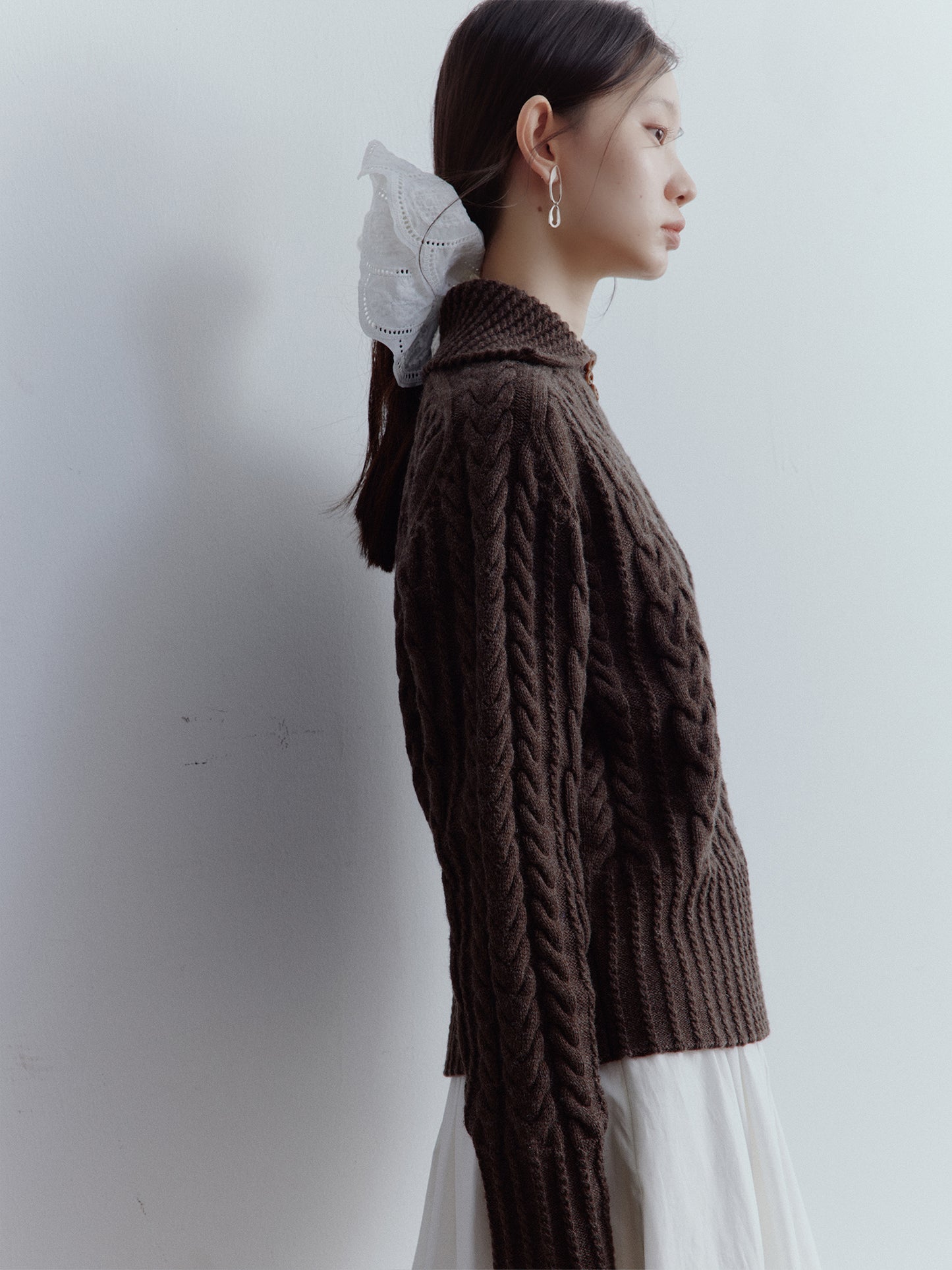 FUSSED Hazelnut Brown Vintage Cable Knit Wool Pullover Sweater FOF-25SS164b