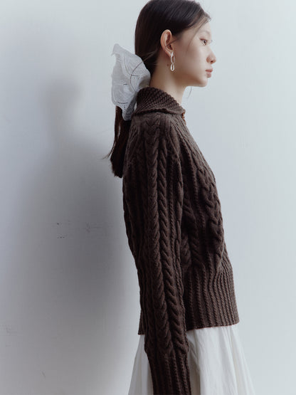 FUSSED Hazelnut Brown Vintage Cable Knit Wool Pullover Sweater FOF-25SS164b