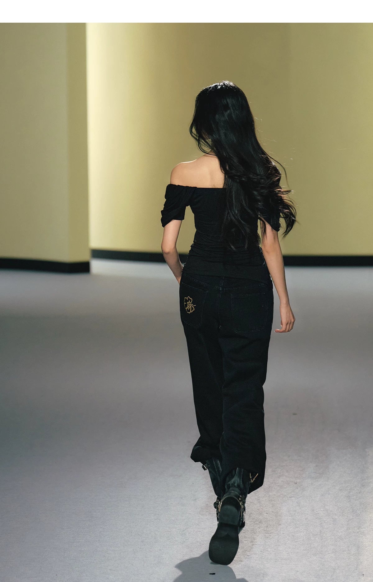 "Midnight Bloom" Black Lyocell Off-Shoulder Ruched Top
