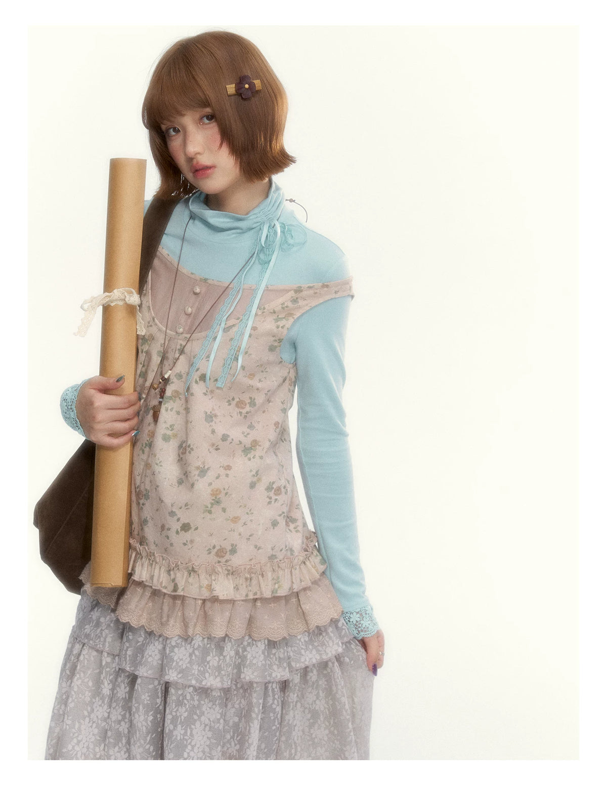 "Petals from a Forgotten Dream" Sweet Apricot Pink Floral Lace Ruffle Off-Shoulder Top