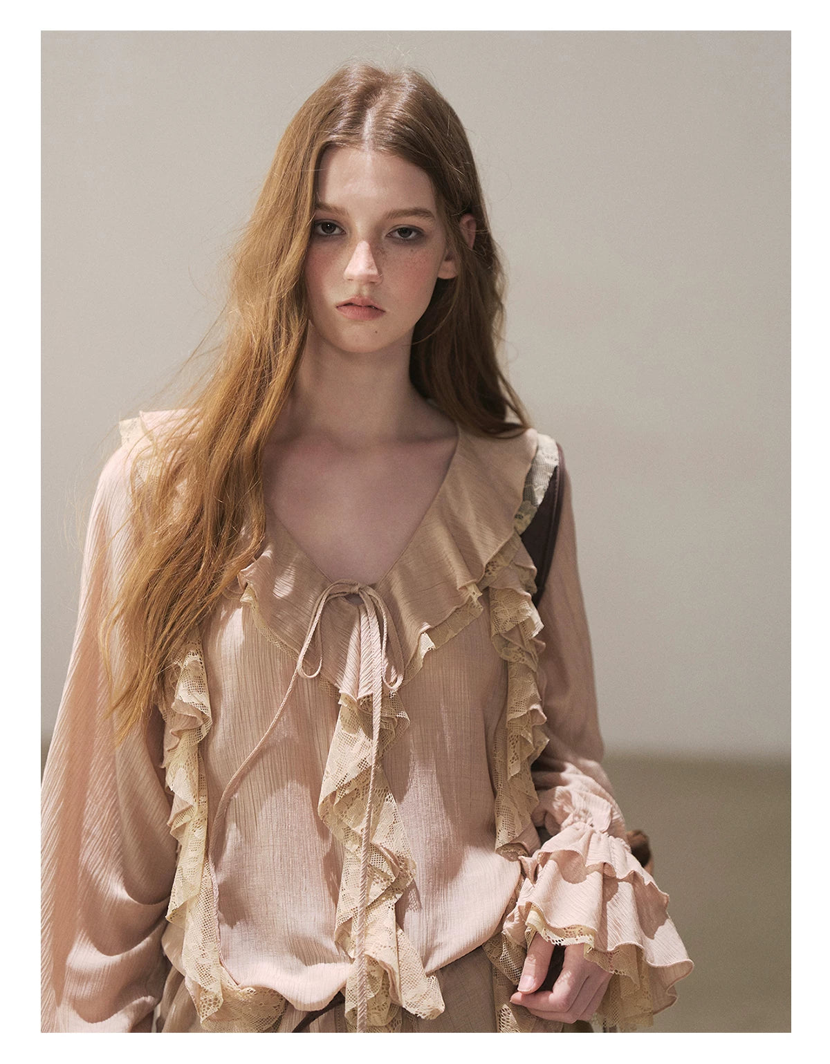AOMALM - "A Featherlight Touch" French Camellia White Lace Chiffon Top with Belt (Camellia / Oatmeal / Cinnamon Pink)