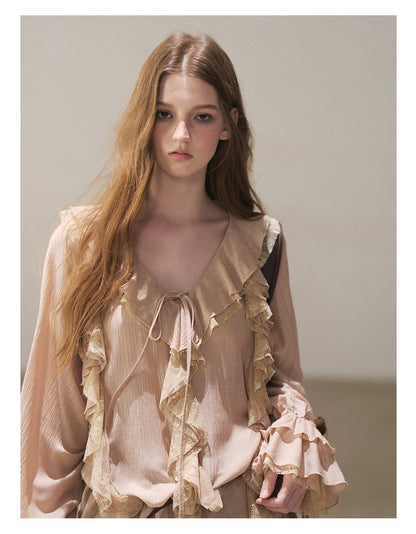 AOMALM - "A Featherlight Touch" French Camellia White Lace Chiffon Top with Belt (Camellia / Oatmeal / Cinnamon Pink)