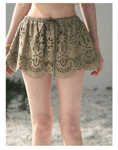 “Lost in Your Embrace” Roasted Pecan Lace Puff Skort