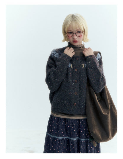 Horridale - Dark Heather Gray Vintage Crochet Flower Knit Cardigan