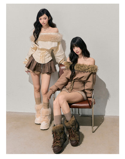 少也眼 "Lingering Sunset Warmth" Off-Shoulder Faux Fur Trim Tee