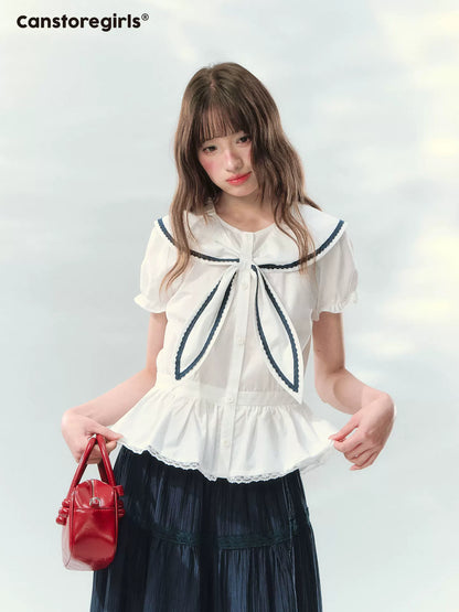 “Letter from Sea Isle” White & Navy Sailor Collar Blouse and Tiered Skirt Set