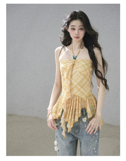 "Fields of Provence" Goose Yellow Halter Plaid Waist-Cinched Top