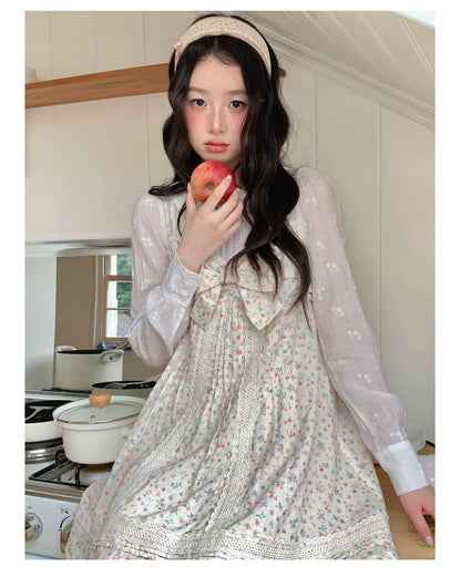 [[RF] “Garden Letter” Floral Print Cream Lace Bow Camisole Mini Dress