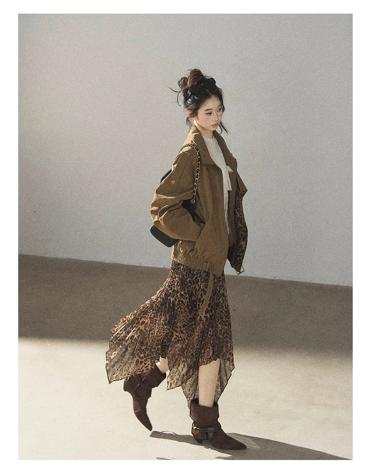 AOMALM - “Acorn & Fallen Leaves” Korean Leopard Print Chestnut Brown Faux Suede Jacket