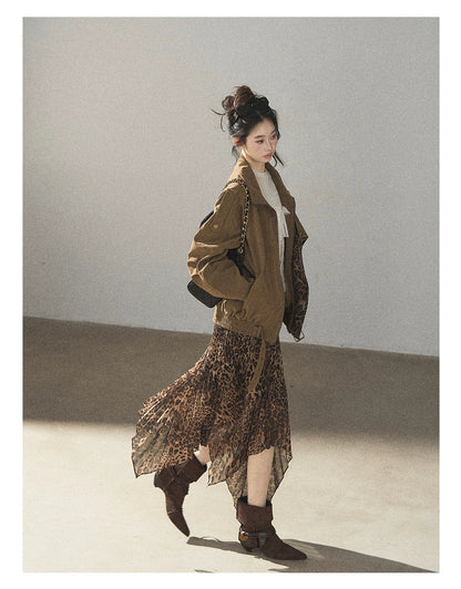 AOMALM - “Acorn & Fallen Leaves” Korean Leopard Print Chestnut Brown Faux Suede Jacket