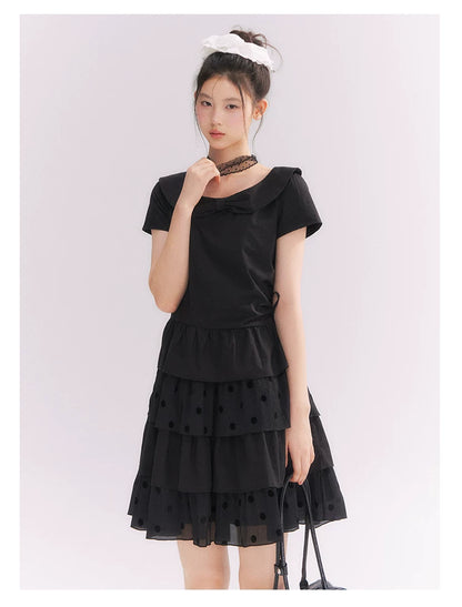 “Midnight Sweetheart” Black Korean-Style Bow Polka Dot Tiered Dress