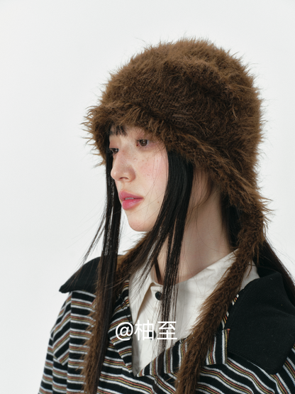 Chocolate Brown Plush Cat Ear Hat – Cozy Ear-Warmer Beanie