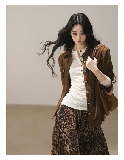 AOMALM - “Cocoa Leopard” Pleated Asymmetric Midi Skirt