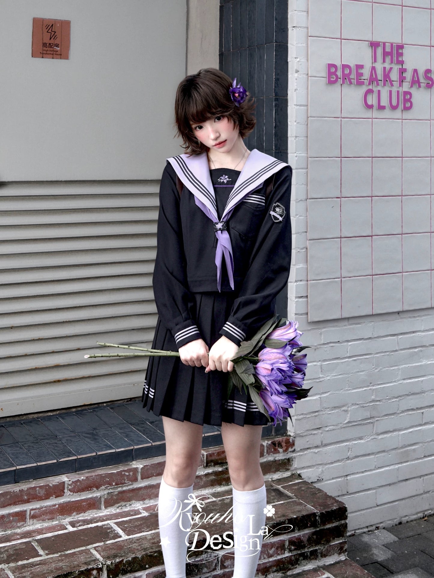 "Snow-Cleared Lily" Gray-Lilac JK Long-Sleeve Sailor Uniform Set