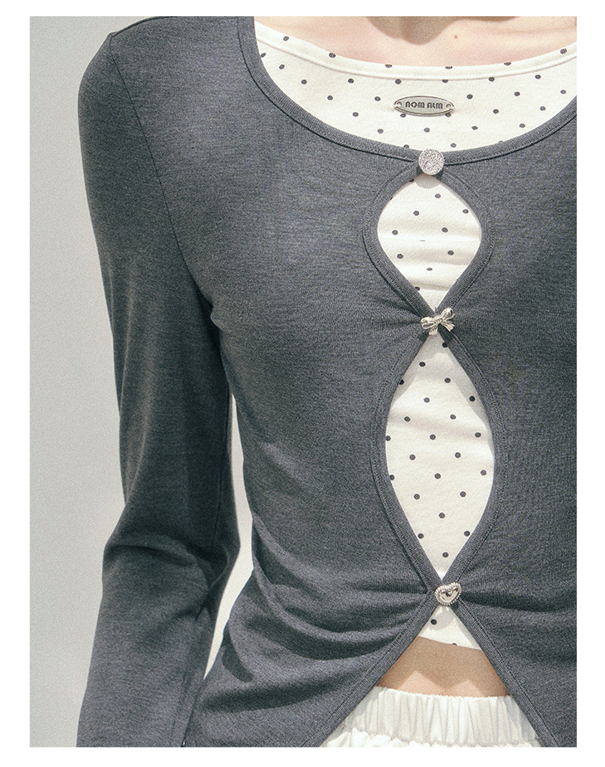 少也眼 "Twilight Pause" Faux Two-Piece Polka Dot T-Shirt in Soft Silver Gray 45234752