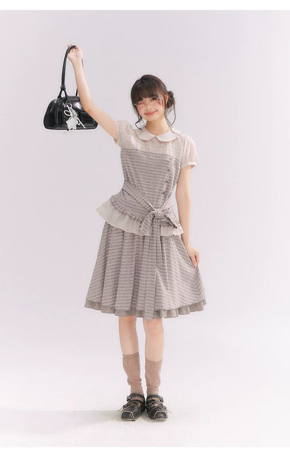 “Old Keepsake Letters” Frost Gray Doll Collar Lace Two-Piece Set