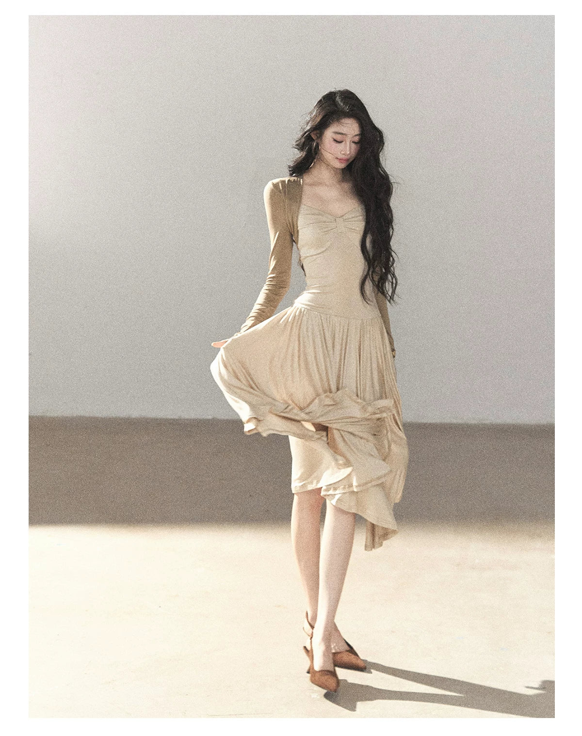AOMALM - Light Sand Faux Two-Piece Midi Dress with Draped Shawl