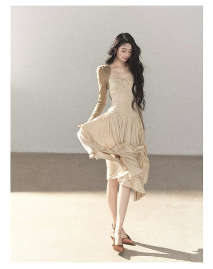 AOMALM - Light Sand Faux Two-Piece Midi Dress with Draped Shawl