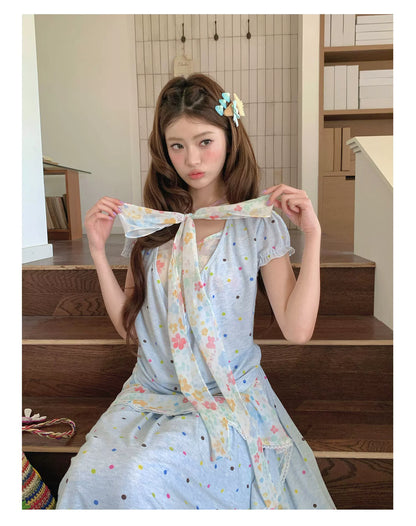 “Sea Salt Blossom Letter” Baby Blue Layered Skirt Set
