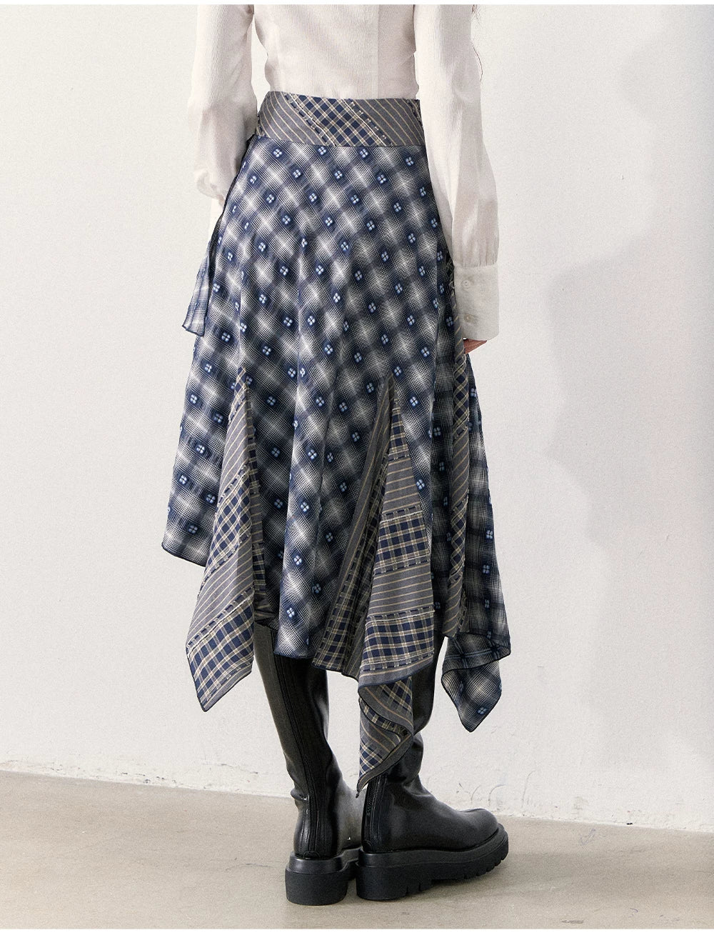 [TMMG] Retro Sweetheart Collar Shirt & Denim Corset Waist Belt Asymmetric Plaid Skirt Set