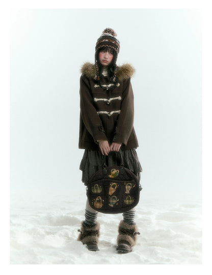 Horridale - Dark Coffee Brown Cropped Hooded Toggle Coat with Detachable Faux Fur Collar