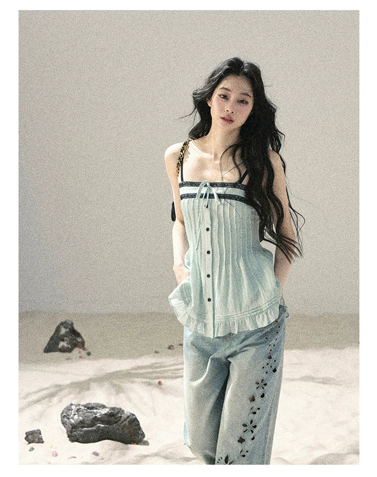 "Sea Breeze Reverie" Misty Sage Lace Off-Shoulder Ruched Top 54352131