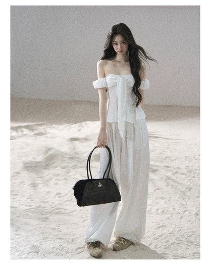 "Lazy Soliloquy" White Peplum Top & Wide-Leg Pants Set