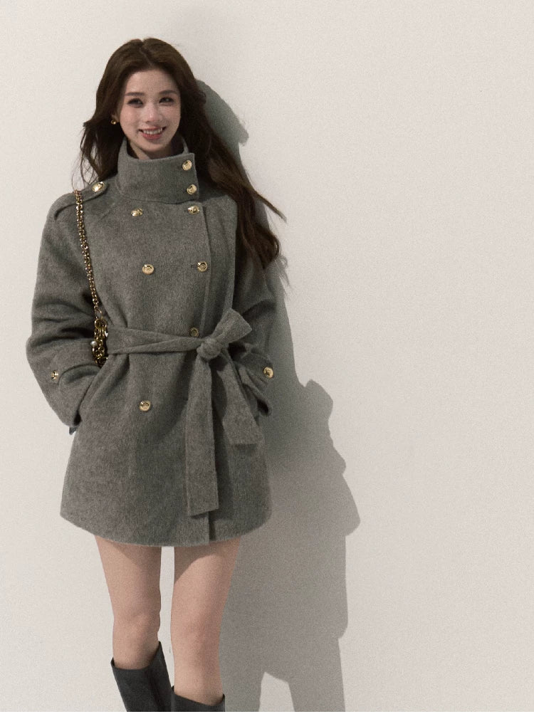 OAKMOO/ Pure Wool Belted Double-Faced Stand Collar Coat (Silver Blue / Flint Gray)