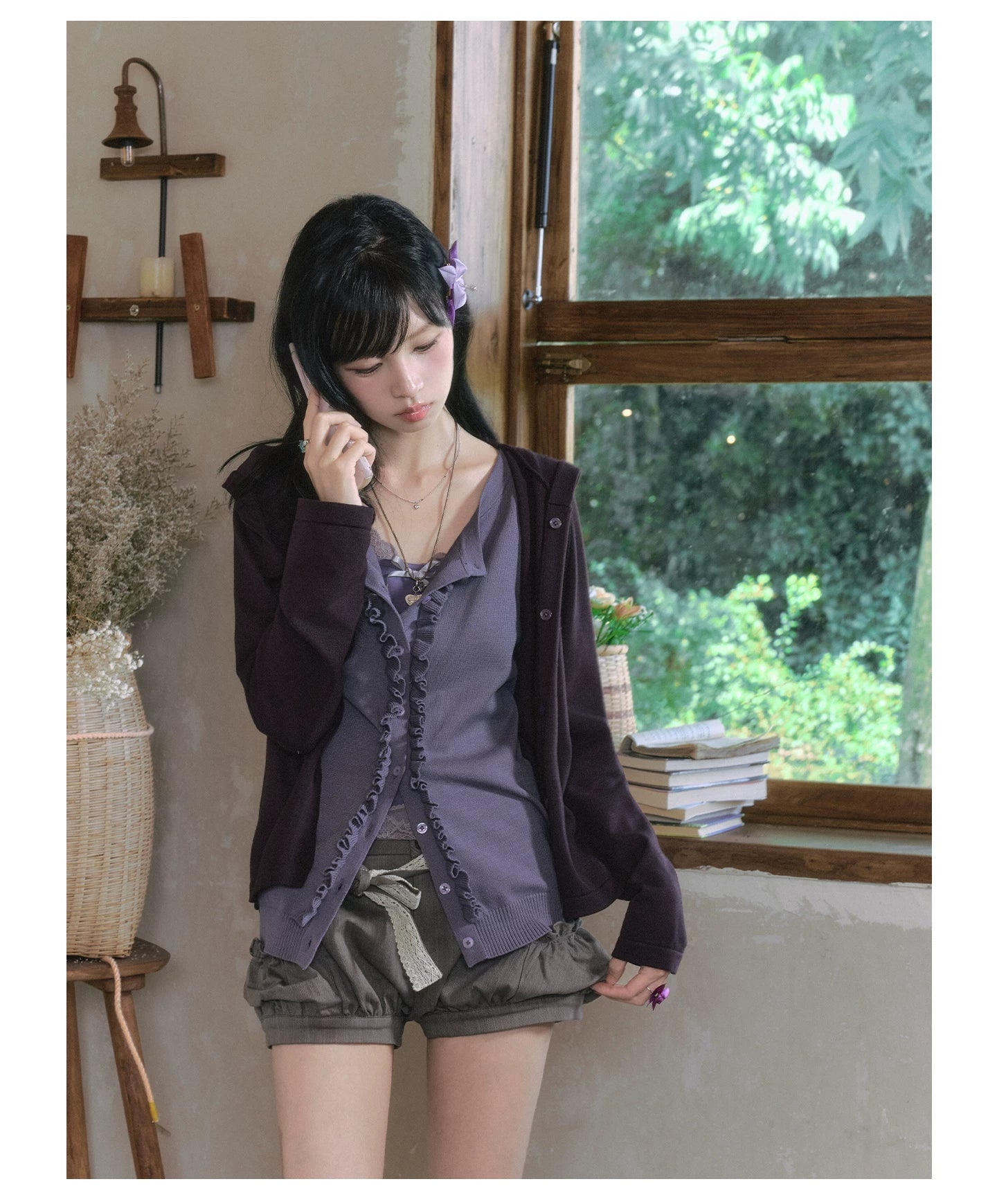 "Sage Whisper" Layered Knit Collection (Hooded Knit Cardigan / Lace Cami / Bubble Shorts)