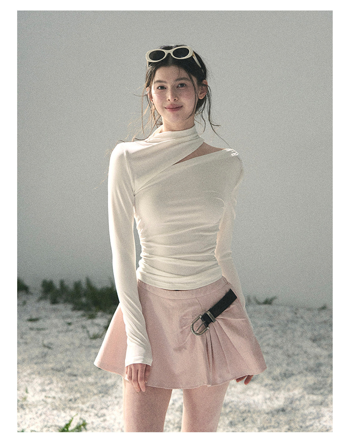 “Tidal Breath” Pearl White Draped Cutout Top