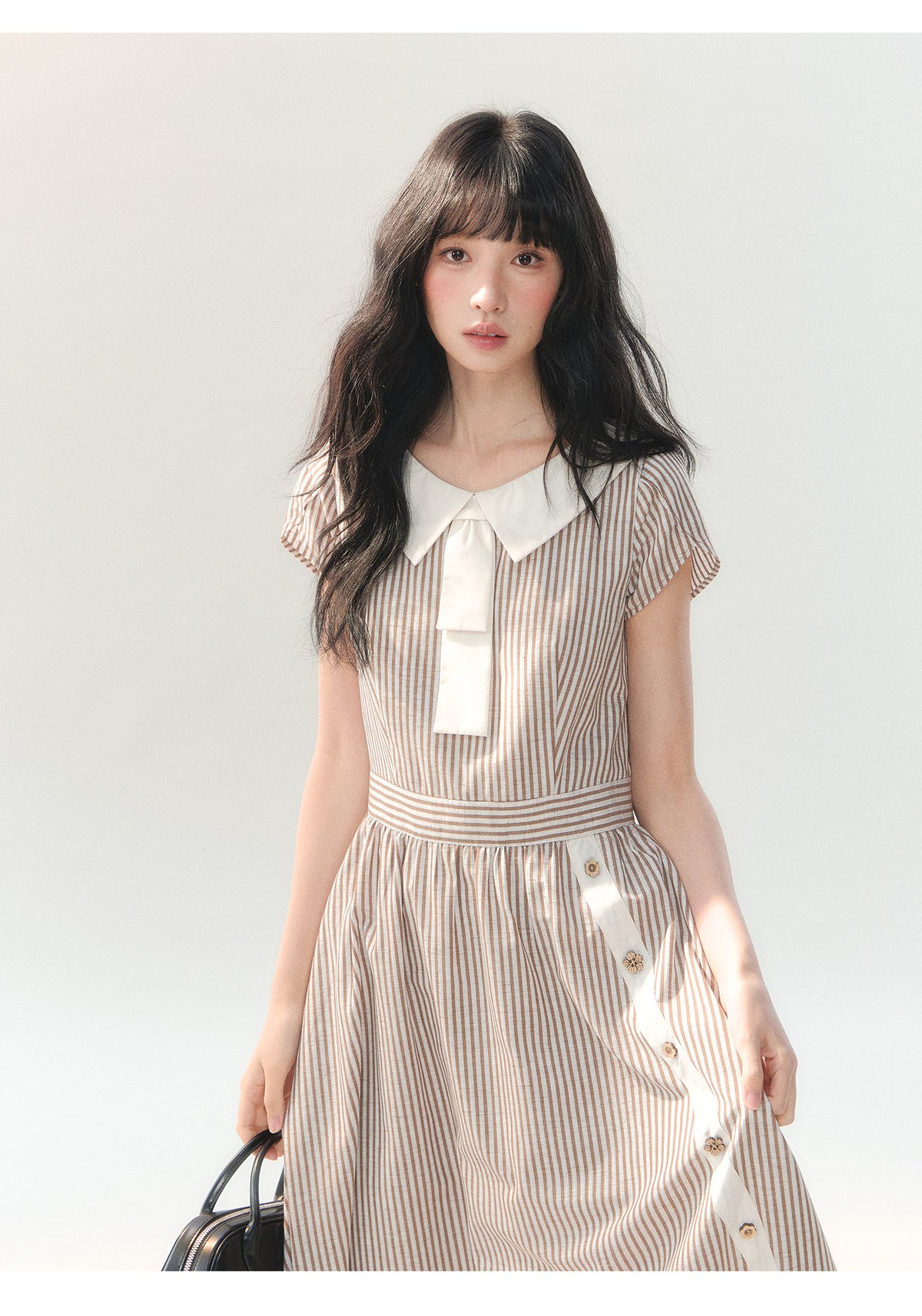 [CAN] "Coffee Meets Cream" Mocha Stripe Bow Collar Dress