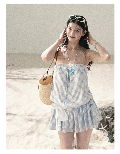 "Breeze Upon the Waves" Ice Crystal Blue Off-Shoulder Diamond Quilted Mini Dress
